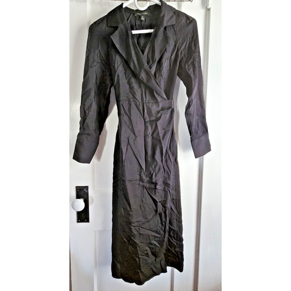 BANANA REPULBLIC wrap dress black collared‎ dress cuffs Petite XS